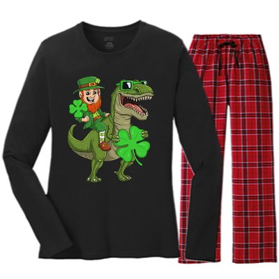 St Patricks Day Leprechaun Riding T Rex Funny Dino Women's Long Sleeve Flannel Pajama Set 