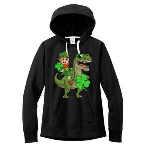 St Patricks Day Leprechaun Riding T Rex Funny Dino Women's Fleece Hoodie