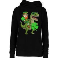 St Patricks Day Leprechaun Riding T Rex Funny Dino Womens Funnel Neck Pullover Hood