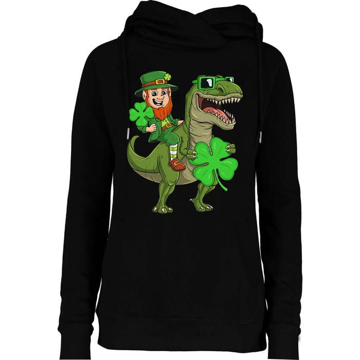 St Patricks Day Leprechaun Riding T Rex Funny Dino Womens Funnel Neck Pullover Hood