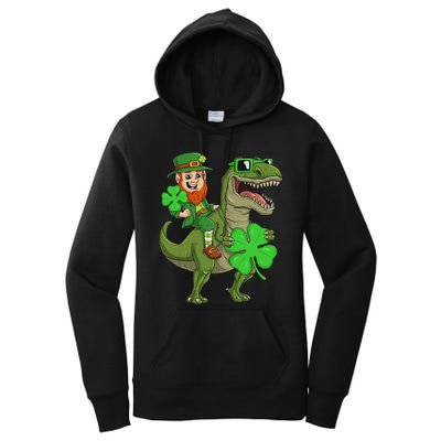 St Patricks Day Leprechaun Riding T Rex Funny Dino Women's Pullover Hoodie