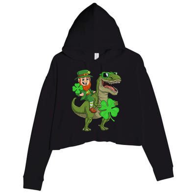 St Patricks Day Leprechaun Riding T Rex Funny Dino Crop Fleece Hoodie