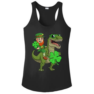 St Patricks Day Leprechaun Riding T Rex Funny Dino Ladies PosiCharge Competitor Racerback Tank