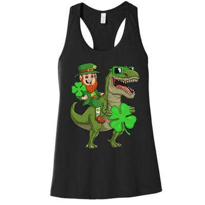 St Patricks Day Leprechaun Riding T Rex Funny Dino Women's Racerback Tank