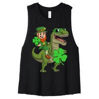 St Patricks Day Leprechaun Riding T Rex Funny Dino Women's Racerback Cropped Tank