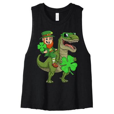 St Patricks Day Leprechaun Riding T Rex Funny Dino Women's Racerback Cropped Tank