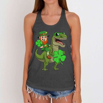 St Patricks Day Leprechaun Riding T Rex Funny Dino Women's Knotted Racerback Tank