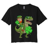 St Patricks Day Leprechaun Riding T Rex Funny Dino Women's Crop Top Tee