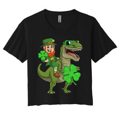 St Patricks Day Leprechaun Riding T Rex Funny Dino Women's Crop Top Tee