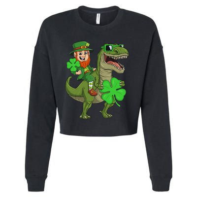 St Patricks Day Leprechaun Riding T Rex Funny Dino Cropped Pullover Crew