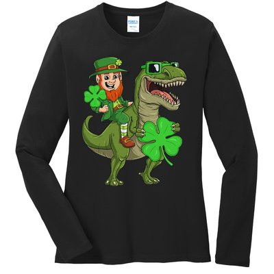 St Patricks Day Leprechaun Riding T Rex Funny Dino Ladies Long Sleeve Shirt