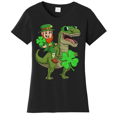 St Patricks Day Leprechaun Riding T Rex Funny Dino Women's T-Shirt