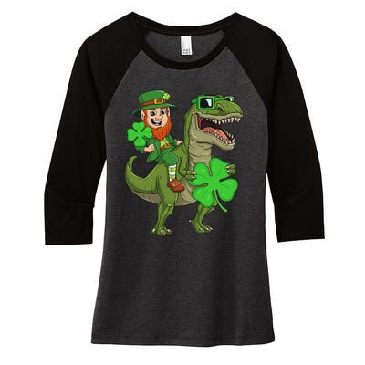 St Patricks Day Leprechaun Riding T Rex Funny Dino Women's Tri-Blend 3/4-Sleeve Raglan Shirt