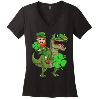 St Patricks Day Leprechaun Riding T Rex Funny Dino Women's V-Neck T-Shirt