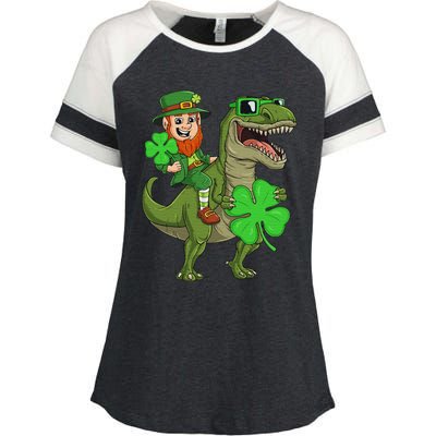 St Patricks Day Leprechaun Riding T Rex Funny Dino Enza Ladies Jersey Colorblock Tee