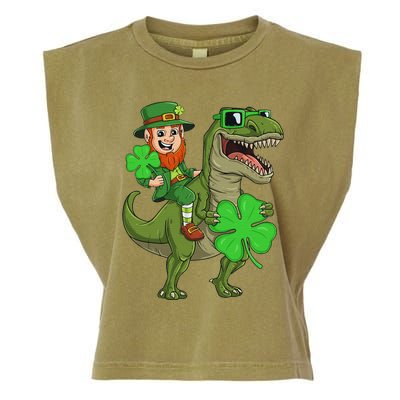 St Patricks Day Leprechaun Riding T Rex Funny Dino Garment-Dyed Women's Muscle Tee