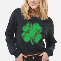 St Patrick's Day Baseball Catcher Pitcher Shamrock Cropped Pullover Crew