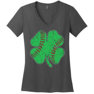 St Patrick's Day Baseball Catcher Pitcher Shamrock Women's V-Neck T-Shirt