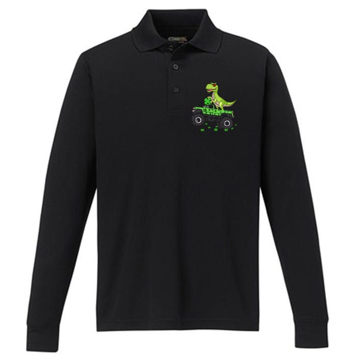 St Patricks day dinosaur Monster turck trex Performance Long Sleeve Polo