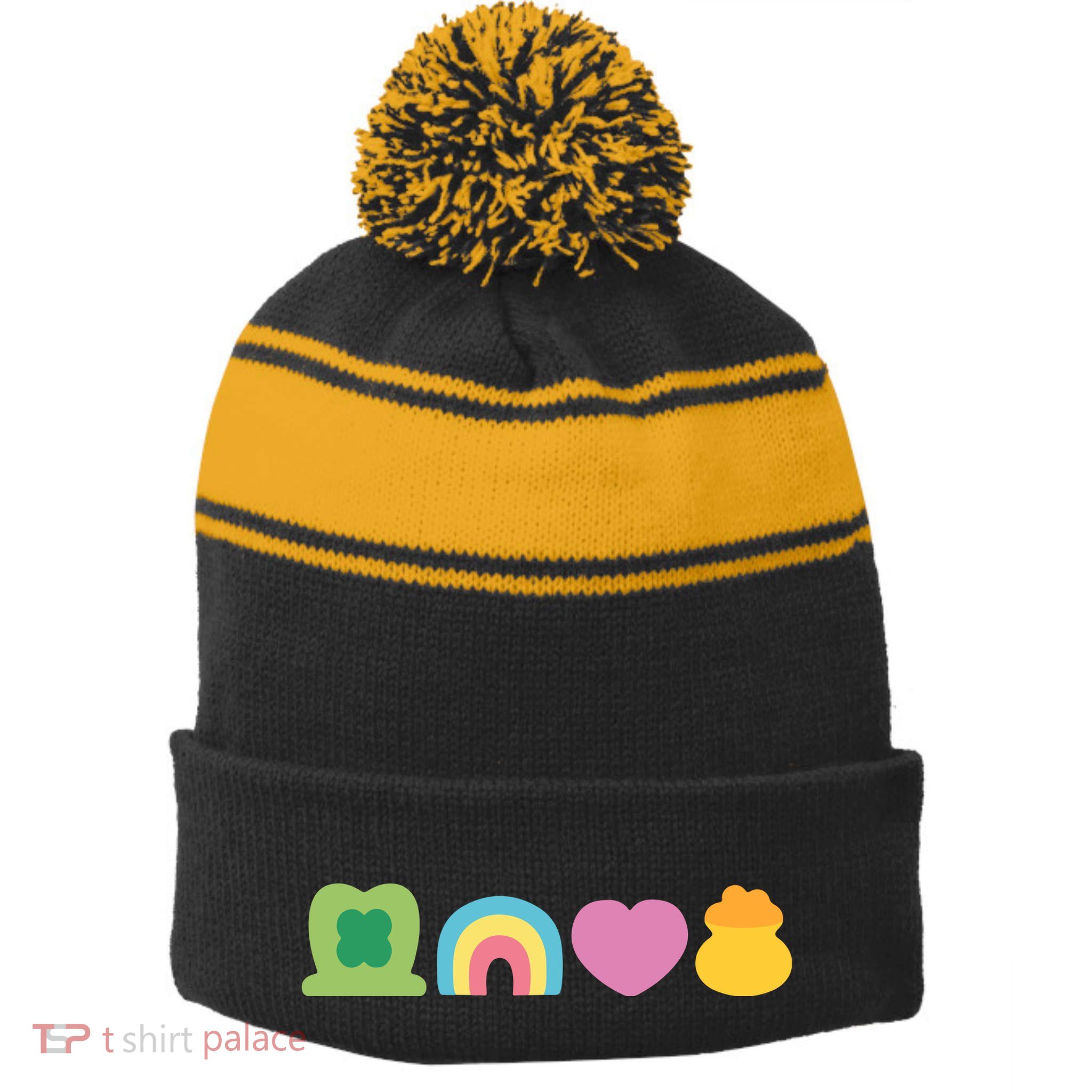 St Patricks Day Lucky Charm Pot Gold Irish Shamrock Rainbow Stripe Pom Pom Beanie