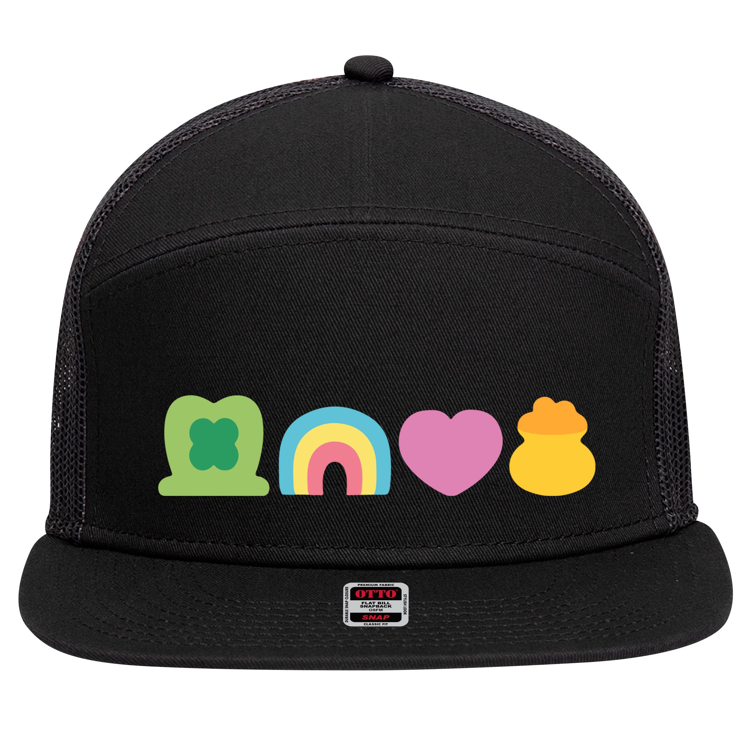 St Patricks Day Lucky Charm Pot Gold Irish Shamrock Rainbow 7 Panel Mesh Trucker Snapback Hat