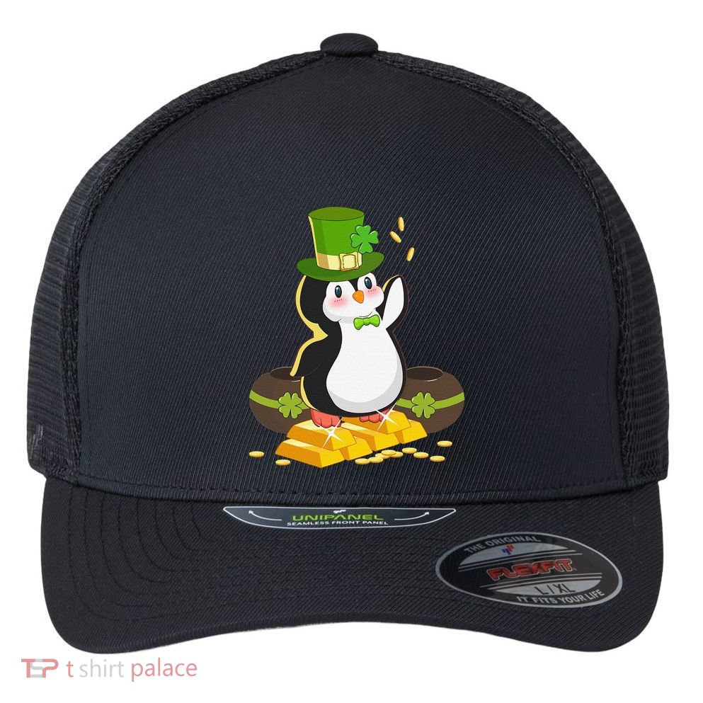 St Patricks Day Lucky Penguin Leprechaun Shamrock Irish Flexfit Unipanel Trucker Cap