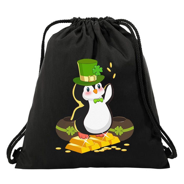 St Patricks Day Lucky Penguin Leprechaun Shamrock Irish Drawstring Bag