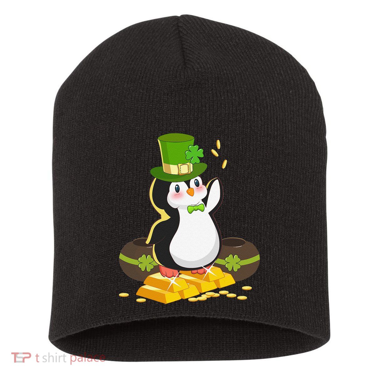 St Patricks Day Lucky Penguin Leprechaun Shamrock Irish Short Acrylic Beanie
