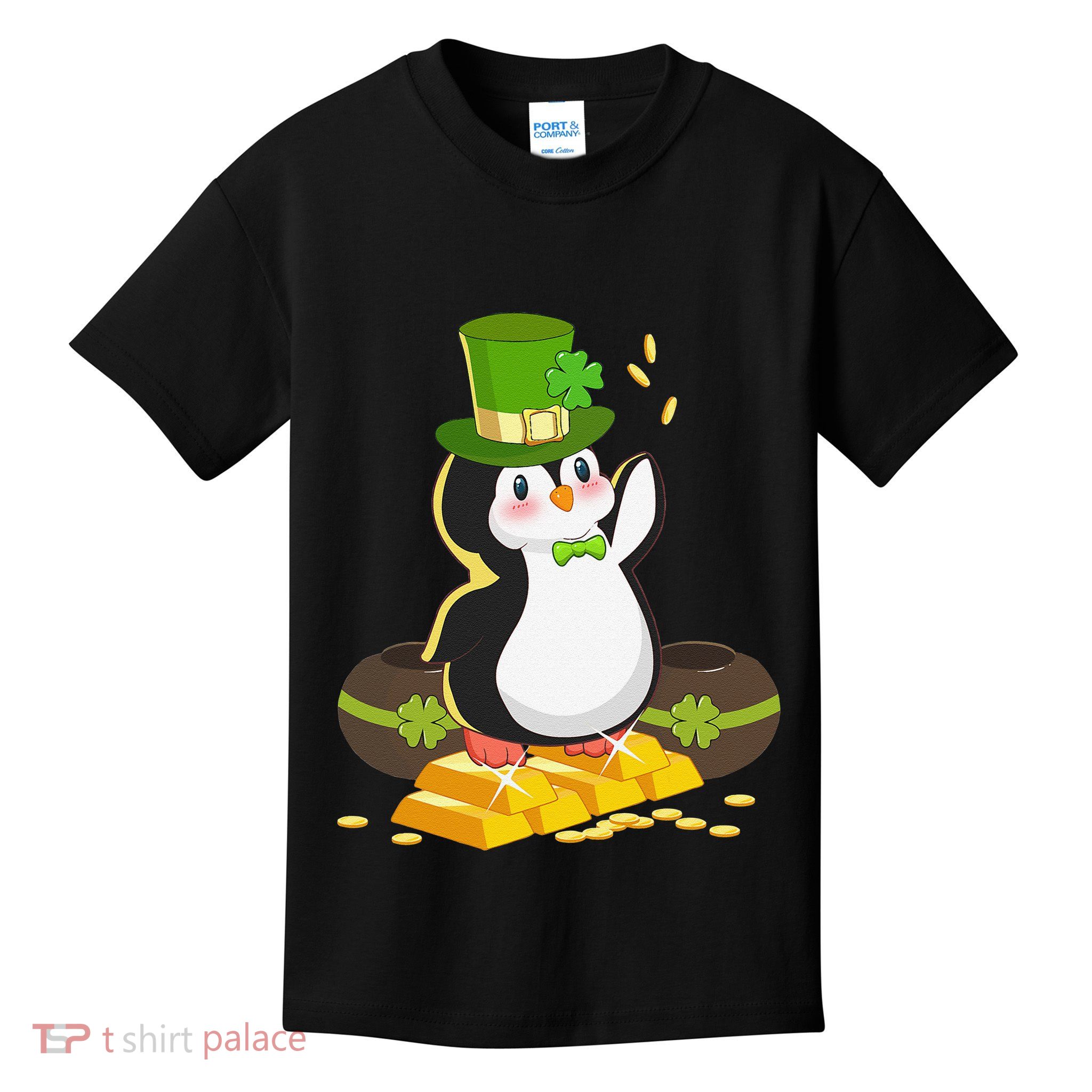 St Patricks Day Lucky Penguin Leprechaun Shamrock Irish Kids T-Shirt