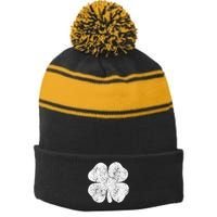 St. Patrick's Day Four Leaf Clover Green Background Design Stripe Pom Pom Beanie