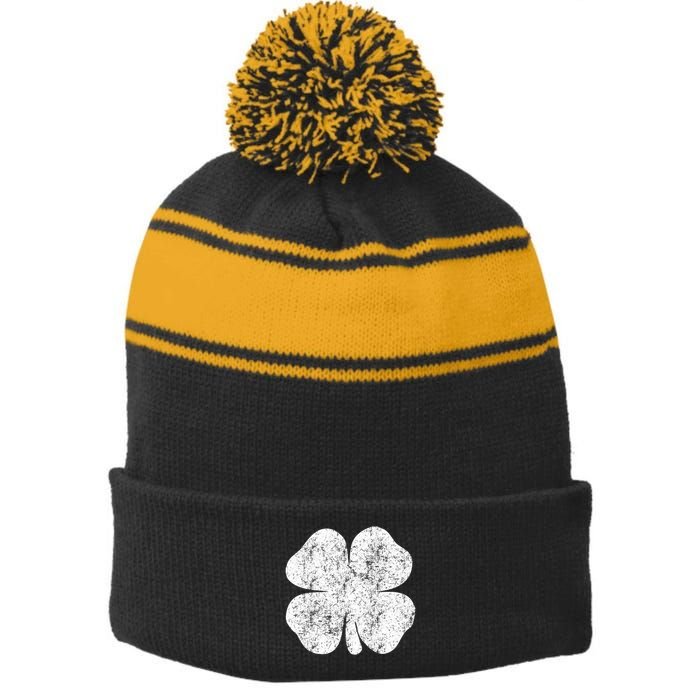St. Patrick's Day Four Leaf Clover Green Background Design Stripe Pom Pom Beanie
