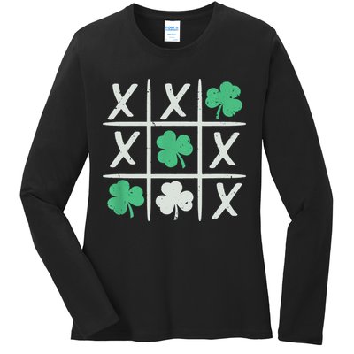 St Patrick's Day Tic Tac Toe Lucky Shamrock Ladies Long Sleeve Shirt