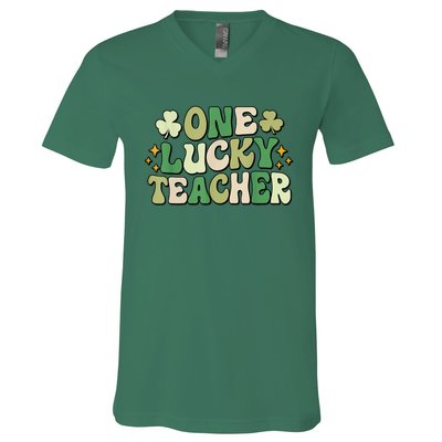 St Patricks Day One Lucky Teacher Groovy Retro Teacher Gift V-Neck T-Shirt