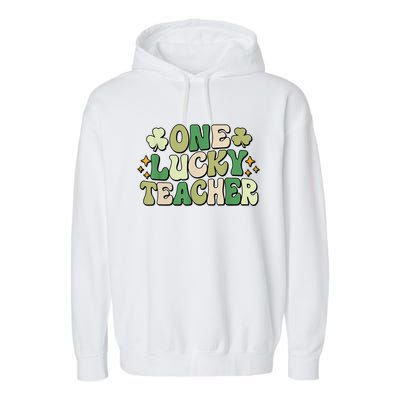 St Patricks Day One Lucky Teacher Groovy Retro Teacher Gift Garment-Dyed Fleece Hoodie