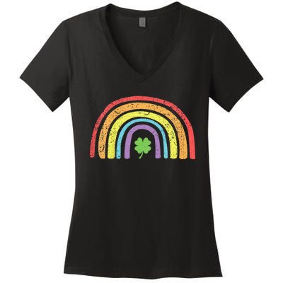 St Patricks Day Rainbow Shamrock Women's V-Neck T-Shirt