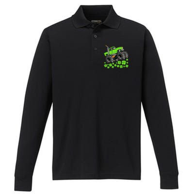 St Patricks Day Lucky Monster Truck Performance Long Sleeve Polo