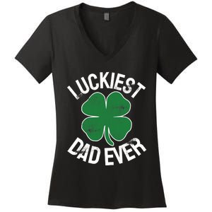 St Patrick's Day Shamrock Luckiest Dad Irish Saint Paddy's Women's V-Neck T-Shirt