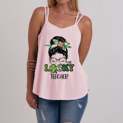 St Patrick's Day Leopard Lucky Teacher Messy Bun Shamrock Women's Strappy Tank