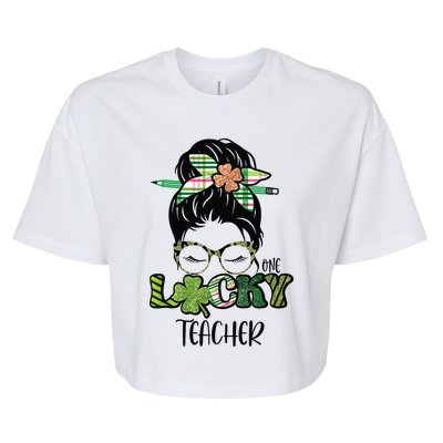 St Patrick's Day Leopard Lucky Teacher Messy Bun Shamrock Bella+Canvas Jersey Crop Tee