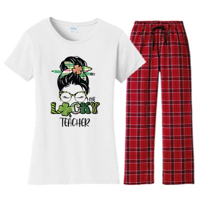 St Patrick's Day Leopard Lucky Teacher Messy Bun Shamrock Women's Flannel Pajama Set