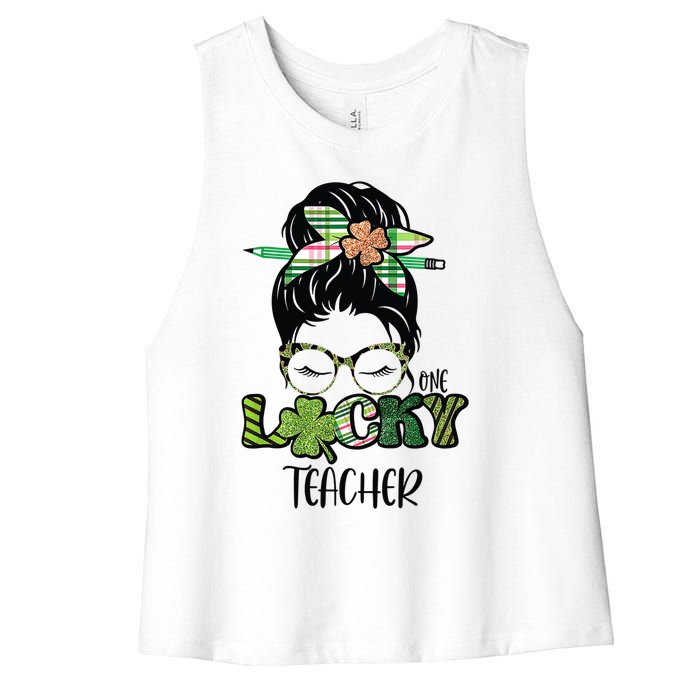 St Patrick's Day Leopard Lucky Teacher Messy Bun Shamrock Women's Racerback Cropped Tank