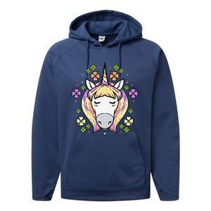 St Patricks Day Shamrock Unicorn Irish Unicorn Face Performance Fleece Hoodie