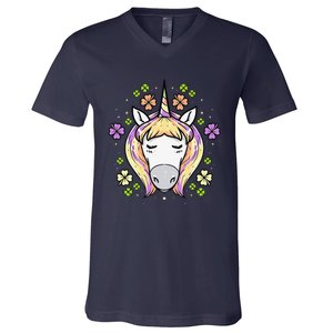 St Patricks Day Shamrock Unicorn Irish Unicorn Face V-Neck T-Shirt