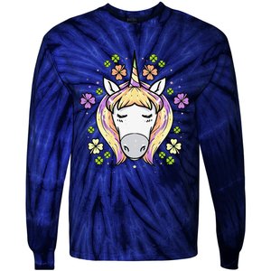 St Patricks Day Shamrock Unicorn Irish Unicorn Face Tie-Dye Long Sleeve Shirt