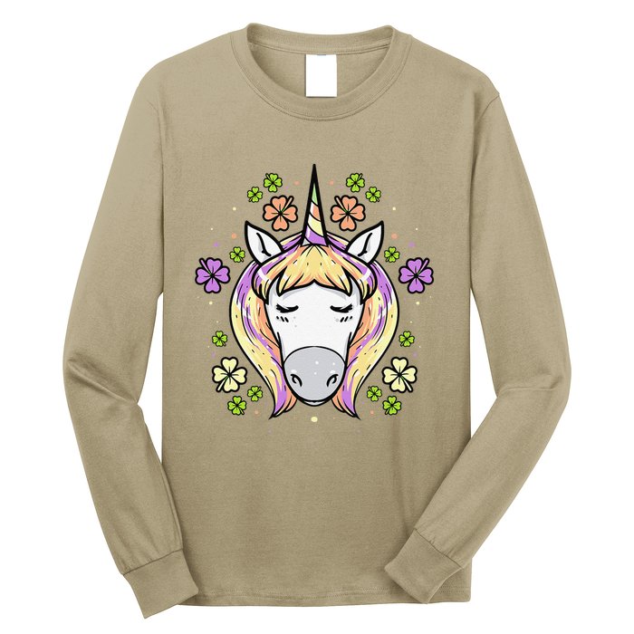 St Patricks Day Shamrock Unicorn Irish Unicorn Face Long Sleeve Shirt