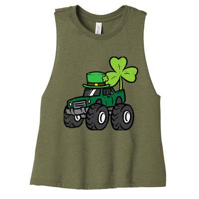 St Patrick Day Monster Truck Saint Pattys Irish Boy Women's Racerback Cropped Tank