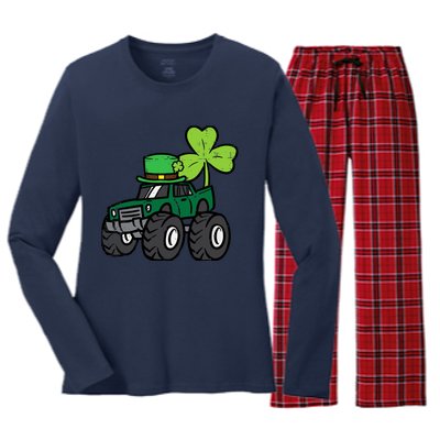 St Patrick Day Monster Truck Saint Pattys Irish Boy Women's Long Sleeve Flannel Pajama Set 