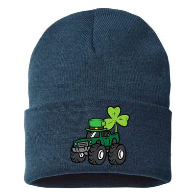 St Patrick Day Monster Truck Saint Pattys Irish Boy Sustainable Knit Beanie