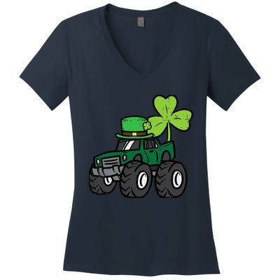 St Patrick Day Monster Truck Saint Pattys Irish Boy Women's V-Neck T-Shirt