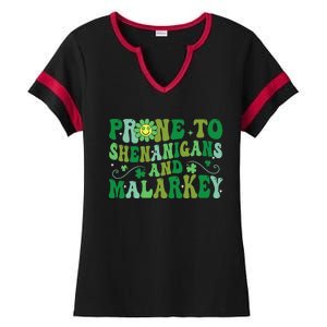 St. Patrick's Day Funny Prone To Shenanigans And Malarkey Ladies Halftime Notch Neck Tee